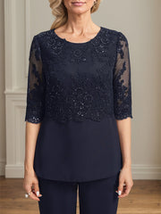 Jumpsuit/Pantsuit Separates Scoop Floor-Length Chiffon Lace Mother of the Bride Dress With Sequins