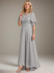 A-line Scoop Illusion Asymmetrical Chiffon Lace Mother of the Bride Dress With Beading