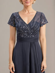 A-line V-Neck Floor-Length Chiffon Lace Mother of the Bride Dress With Beading Sequins Cascading Ruffles