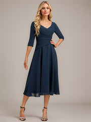 A-line V-Neck Tea-Length Chiffon Mother of the Bride Dress With Pleated
