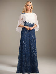 A-line Scoop Floor-Length Lace Sequin Chiffon Mother of the Bride Dress With Pleated