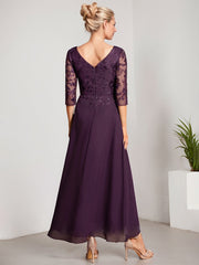 A-line V-Neck Asymmetrical Chiffon Lace Mother of the Bride Dress With Pleated Beading