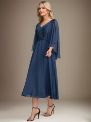 A-line V-Neck Tea-Length Chiffon Lace Mother of the Bride Dress With Sequins Beading