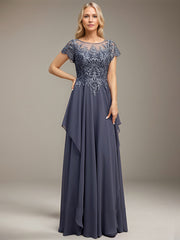 A-line Scoop Illusion Floor-Length Lace Chiffon Mother of the Bride Dress With Cascading Ruffles Sequins