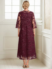 A-line Scoop Tea-Length Lace Chiffon Mother of the Bride Dress
