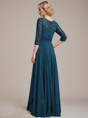 A-line Scoop Illusion Floor-Length Lace Chiffon Mother of the Bride Dress With Pleated