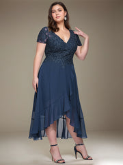 A-line V-Neck Asymmetrical Lace Chiffon Mother of the Bride Dress