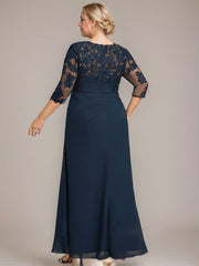 A-line Scoop Floor-Length Chiffon Lace Mother of the Bride Dress With Sequins Beading Pleated