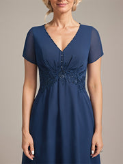A-line V-Neck Knee-Length Chiffon Lace Mother of the Bride Dress With Pleated Beading Sequins