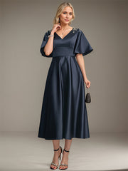A-line V-Neck Tea-Length Satin Mother of the Bride Dress With Beading