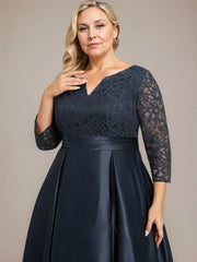 A-line V-Neck Ankle-Length Lace Satin Mother of the Bride Dress With Rhinestone