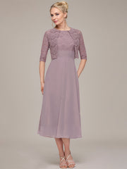A-line/Princess Scoop Tea-Length Chiffon Mother of the Bride Dress With Lace Jacket