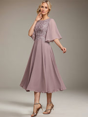 A-line Scoop Tea-Length Lace Chiffon Mother of the Bride Dress