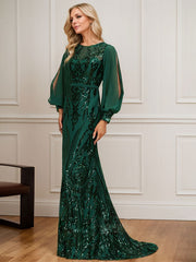 Trumpet/Mermaid Boat Neck Illusion Sweep Train Chiffon Sequin Evening Dress