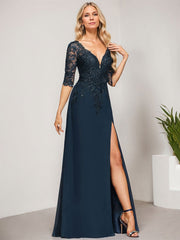 Sheath/Column V-Neck Floor-Length Lace Chiffon Mother of the Bride Dress With Sequins
