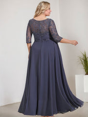 A-line Scoop Illusion Floor-Length Lace Chiffon Mother of the Bride Dress With Pleated Sequins