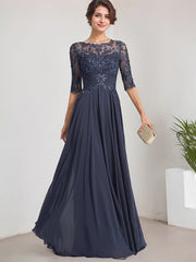 A-line Scoop Illusion Floor-Length Lace Chiffon Mother of the Bride Dress With Pleated Sequins