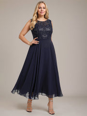 A-line Boat Neck Illusion Tea-Length Lace Chiffon Mother of the Bride Dress With Sequins