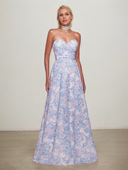 STRAPLESS A-LINE FLORAL CHIFFON DRESS