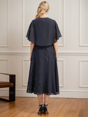 A-line Scoop Tea-Length Lace Chiffon Mother of the Bride Dress With Sequins