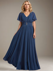 A-line V-Neck Floor-Length Chiffon Mother of the Bride Dress With Crystal Brooch Pleated