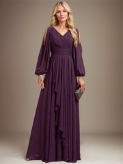 A-line Cold Shoulder V-Neck Floor-Length Chiffon Mother of the Bride Dress With Cascading Ruffles Beading