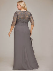 A-line V-Neck Floor-Length Lace Chiffon Mother of the Bride Dress With Cascading Ruffles