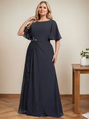 A-line Scoop Floor-Length Chiffon Mother of the Bride Dress With Cascading Ruffles Beading Sequins