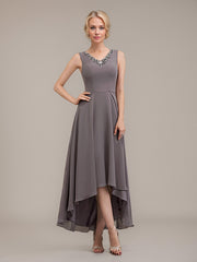 A-line V-Neck Asymmetrical Chiffon Mother of the Bride Dress With Beading Sequins