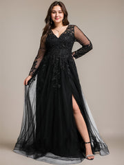 A-line V-Neck Floor-Length Tulle Prom Dresses With Sequins Appliques Lace Beading