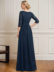 A-line Scoop Floor-Length Lace Chiffon Mother of the Bride Dress With Crystal Brooch Sequins