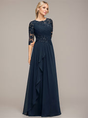 A-line Scoop Floor-Length Lace Chiffon Mother of the Bride Dress With Cascading Ruffles Sequins