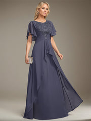 A-line Scoop Floor-Length Lace Chiffon Mother of the Bride Dress With Pleated