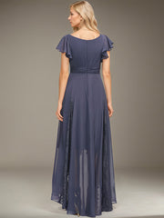 A-line V-Neck Asymmetrical Lace Chiffon Cocktail Dress With Pleated