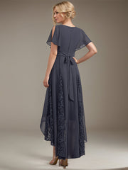 A-line V-Neck Asymmetrical Lace Chiffon Mother of the Bride Dress With Pleated