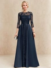 A-line Scoop Illusion Floor-Length Satin Lace Evening Dress With Sequins