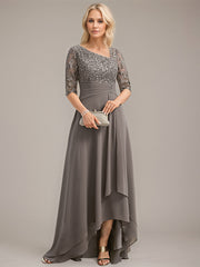A-line Asymmetrical Asymmetrical Lace Chiffon Mother of the Bride Dress With Pleated Sequins