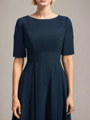 A-line Scoop Tea-Length Chiffon Mother of the Bride Dress With Appliques Lace Sequins