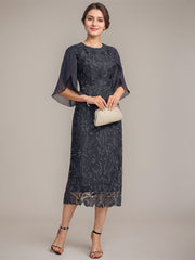 Sheath/Column Scoop Tea-Length Lace Chiffon Mother of the Bride Dress