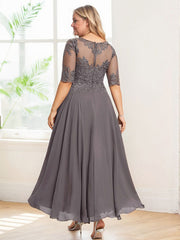 A-line Illusion Boat Neck Asymmetrical Chiffon Lace Mother of the Bride Dress With Sequins Beading