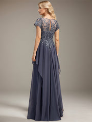 A-line Scoop Illusion Floor-Length Lace Chiffon Mother of the Bride Dress With Cascading Ruffles Sequins