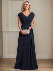 A-line V-Neck Floor-Length Chiffon Mother of the Bride Dress With Pleated Sequins Beading