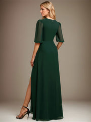 A-line V-Neck Floor-Length Chiffon Evening Dress With Pleated