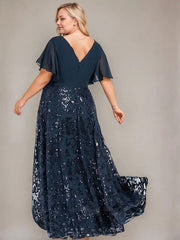 A-line V-Neck Floor-Length Lace Sequin Chiffon Mother of the Bride Dress With Pleated