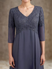 A-line V-Neck Tea-Length Chiffon Lace Mother of the Bride Dress With Beading