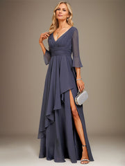 A-line V-Neck Floor-Length Chiffon Mother of the Bride Dress With Cascading Ruffles