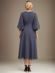 A-line V-Neck Tea-Length Chiffon Mother of the Bride Dress With Pleated