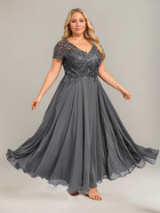 A-line V-Neck Illusion Ankle-Length Lace Chiffon Mother of the Bride Dress With Sequins