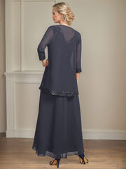 A-line V-Neck Ankle-Length Lace Sequin Chiffon Mother of the Bride Dress