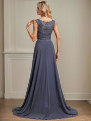 Sheath/Column Scoop Illusion Floor-Length Detachable Chiffon Lace Mother of the Bride Dress With Sequins Beading